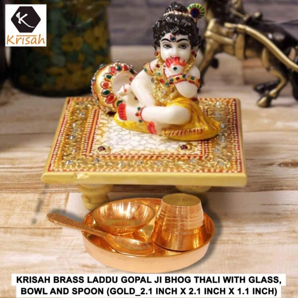 Krisah Brass Laddu Gopal Ji Bhog Thali with Glass, Bowl and Spoon (Gold_2.1 Inch X 2.1 Inch X 1.1 Inch)-1