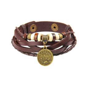 Zodiac Sign Constellation Handmade Brown Genuine Leather Bracelet