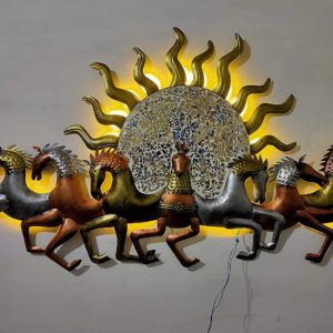 KUMAR INDUSTRES 7 Lucky Running Horse Chariots with Sunrise Wall Hangings with Built-in LED Lightings _ Vaastu Wall Hanging for Home_Living Room_Bedroom_Kitchen_Wall _ 57 x 33 x 3 in-1