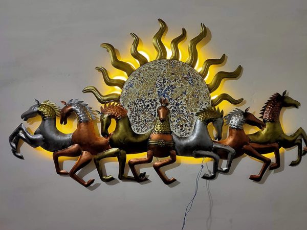 KUMAR INDUSTRES 7 Lucky Running Horse Chariots with Sunrise Wall Hangings with Built-in LED Lightings _ Vaastu Wall Hanging for Home_Living Room_Bedroom_Kitchen_Wall _ 57 x 33 x 3 in-1