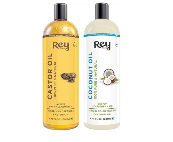 Rey Naturals® Cold-Pressed, 100% Pure Castor Oil & Coconut Oil Combo - Moisturizing & Healing, For Skin, Hair Care, Eyelashes (200 ml + 200 ml)-0