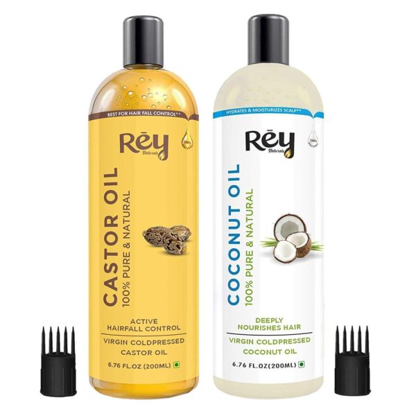 Rey Naturals® Cold-Pressed, 100% Pure Castor Oil & Coconut Oil Combo - Moisturizing & Healing, For Skin, Hair Care, Eyelashes (200 ml + 200 ml)-1