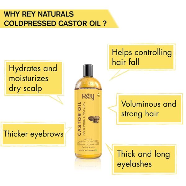 Rey Naturals® Cold-Pressed, 100% Pure Castor Oil & Coconut Oil Combo - Moisturizing & Healing, For Skin, Hair Care, Eyelashes (200 ml + 200 ml)-8